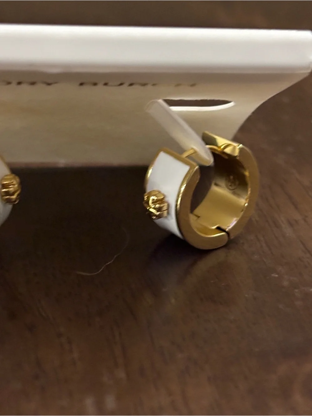 Tory Burch Shiny Gold Mini Hoop Earrings with white enamel brand new